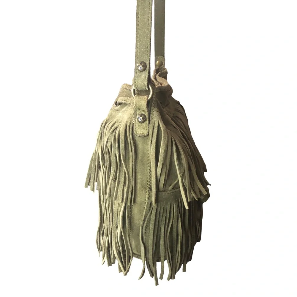 PATRICIA NASH Olive Green Fringe Suede Crossbody Bucket Bag